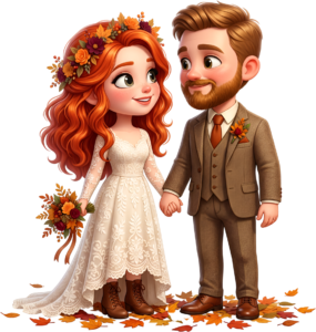 Autumnal 3D wedding couple illustration, vibrant fall leaves PNG for celebration