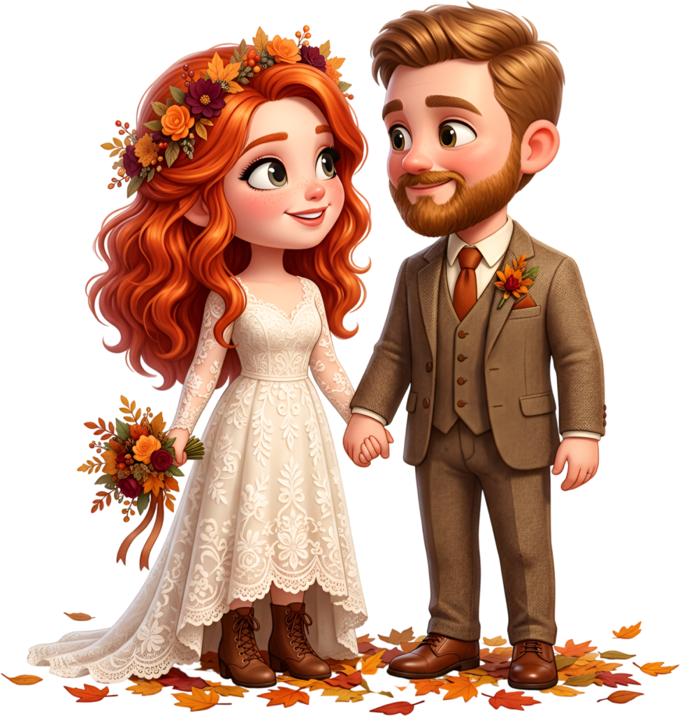 Autumnal 3D wedding couple illustration, vibrant fall leaves PNG for celebration 1 - Autumnal 3D wedding couple illustration, vibrant fall leaves PNG for celebration Free PNG Download