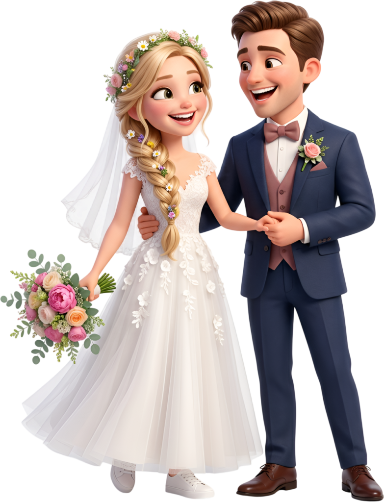 Joyful blonde wedding pair in a 3D spring illustration, elegant blue suit PNG 1 - Joyful blonde wedding pair in a 3D spring illustration, elegant blue suit PNG Free PNG Download
