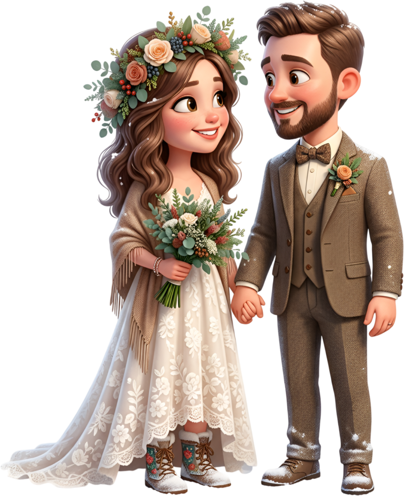 - Cozy winter wedding 3D illustration, charming bride and groom PNG art Free PNG Download