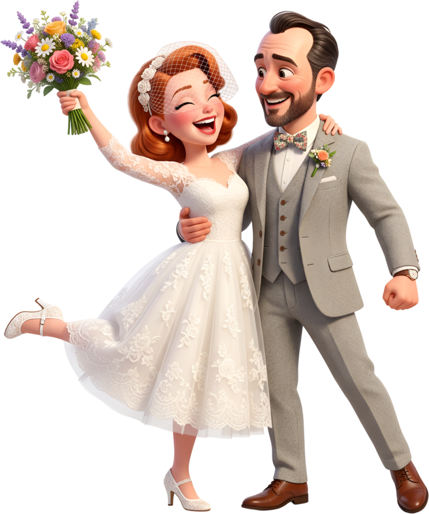 Lively vintage wedding 3D illustration, expressive couple in short dress PNG 1 - Lively vintage wedding 3D illustration, expressive couple in short dress PNG Free PNG Download