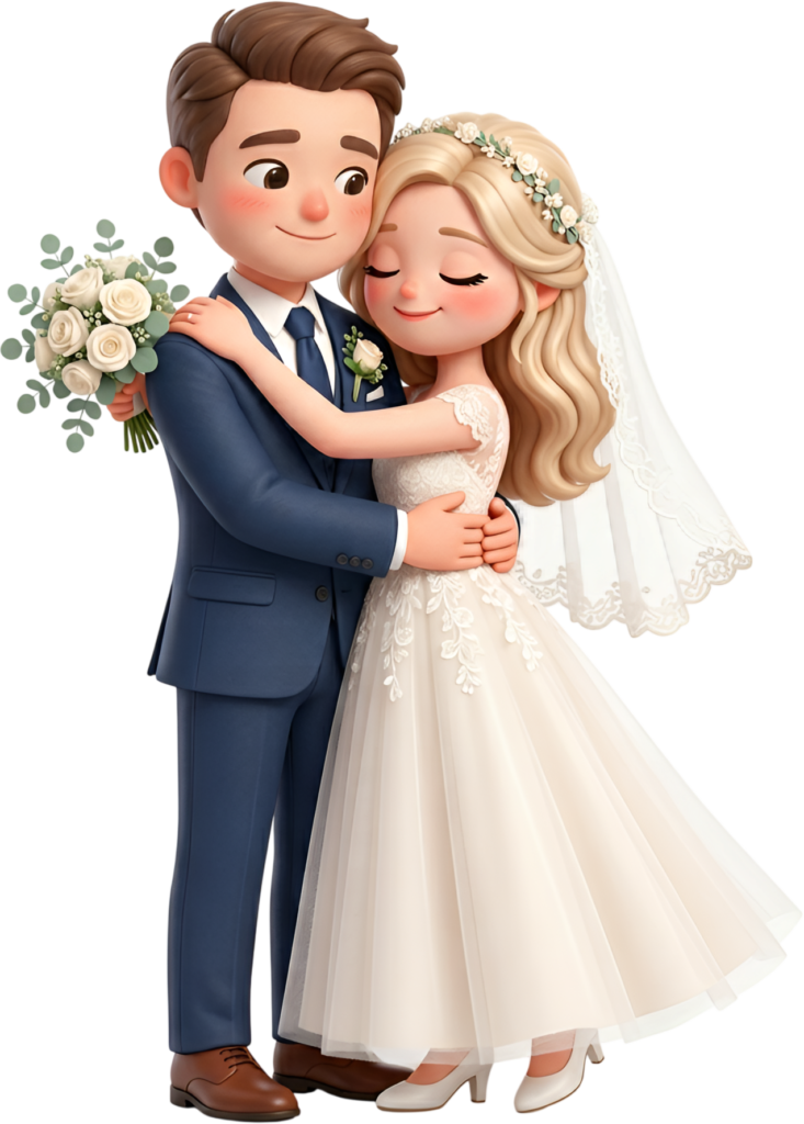 Tender embrace 3D wedding couple illustration, classic white roses PNG bouquet 1 - Tender embrace 3D wedding couple illustration, classic white roses PNG bouquet Free PNG Download