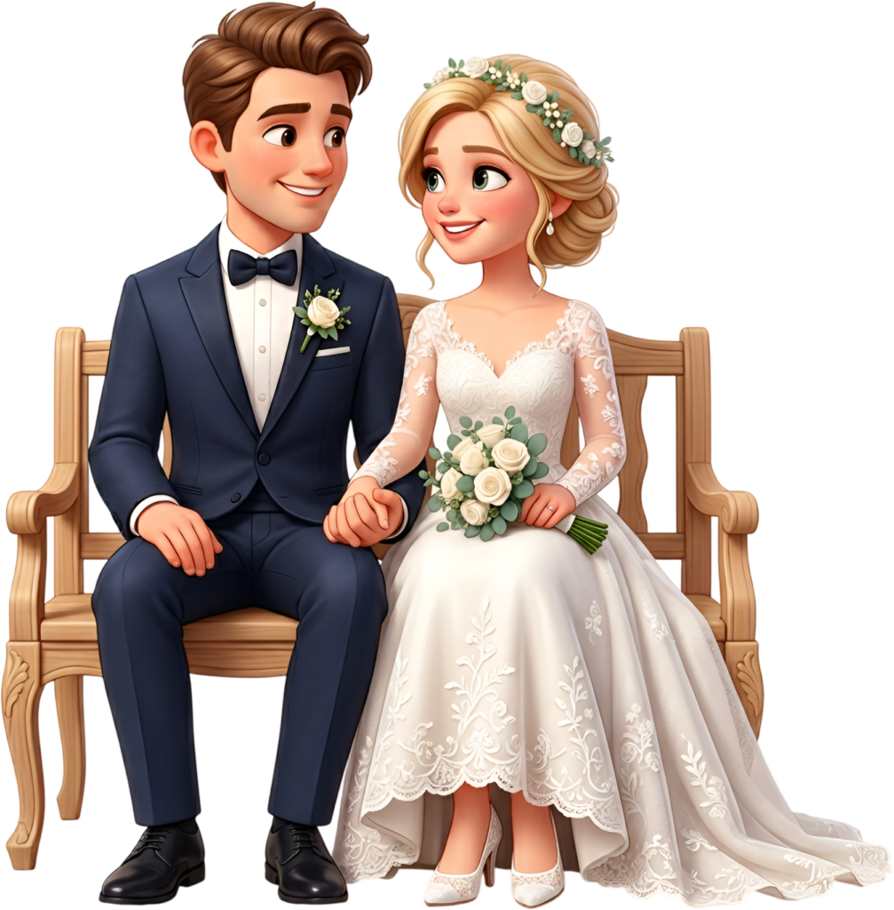 Serene wedding couple illustration on a bench, charming 3D design PNG 1 - Serene wedding couple illustration on a bench, charming 3D design PNG Free PNG Download