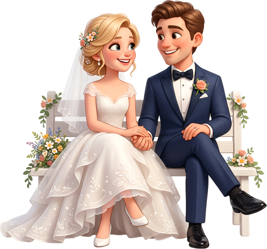 Playful wedding couple illustration on white bench, cheerful 3D art PNG 1 - Playful wedding couple illustration on white bench, cheerful 3D art PNG Free PNG Download