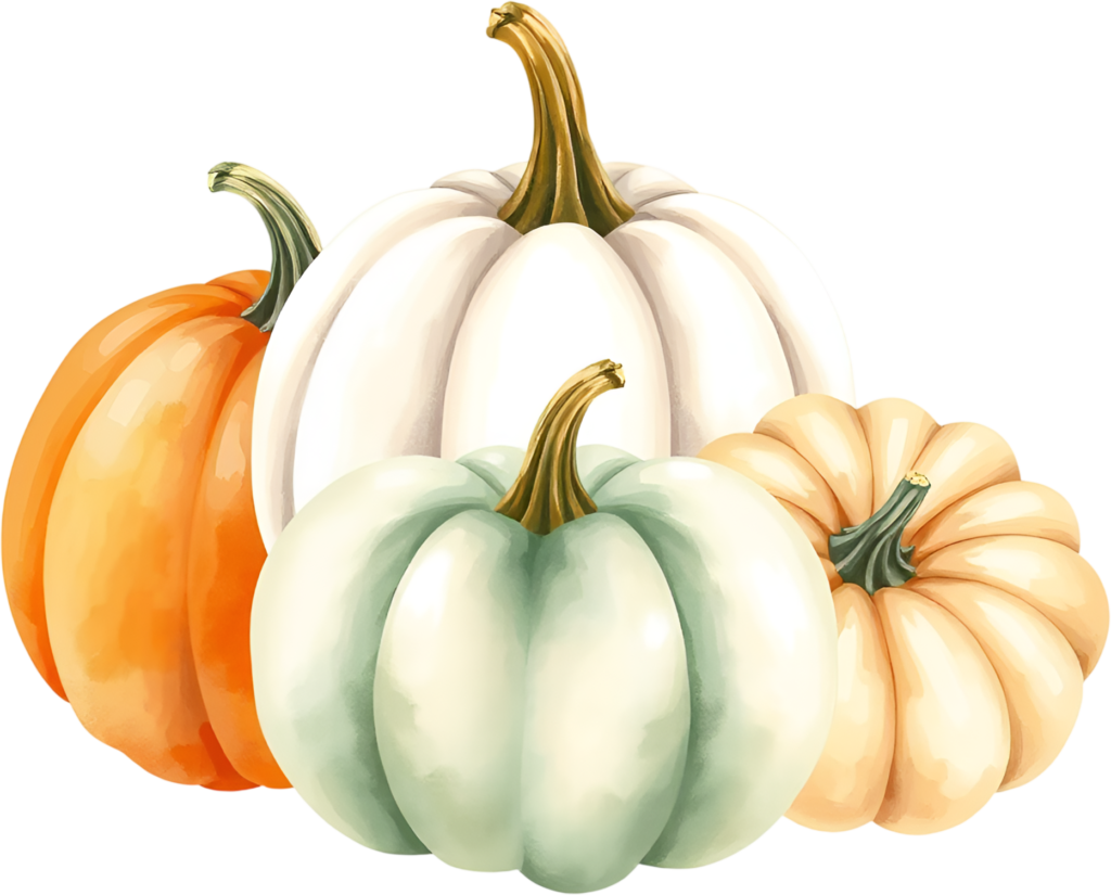 A charming array of colorful pumpkins, an Autumn harvest season PNG illustration for festive designs. 1 - A charming array of colorful pumpkins, an Autumn harvest season PNG illustration for festive designs. Free PNG Download
