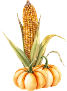 Featuring harvest corn and pumpkins, a rustic Autumn PNG illustration perfect for fall decor.