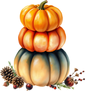 Visualize a stacked pumpkin arrangement featuring natural elements, an Autumn PNG illustration for fall decor.