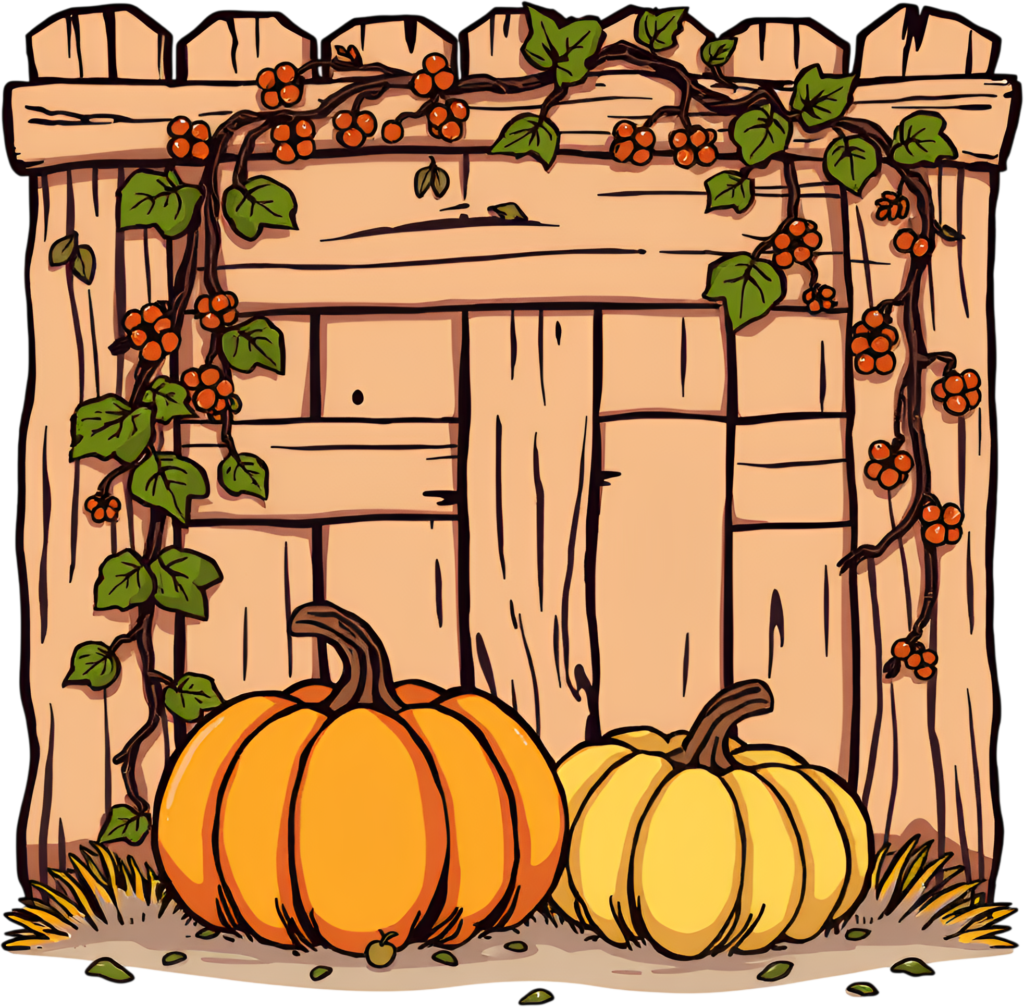 Capture the essence of autumn with two plump pumpkins by a wooden fence, a delightful PNG illustration. 1 - Capture the essence of autumn with two plump pumpkins by a wooden fence, a delightful PNG illustration. Free PNG Download