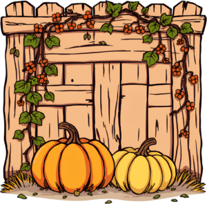 Capture the essence of autumn with two plump pumpkins by a wooden fence, a delightful PNG illustration.
