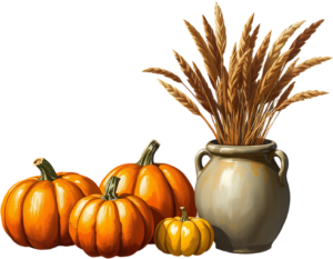 Create stunning fall scenes using multiple pumpkins and a rustic vase with wheat, an Autumn PNG illustration.