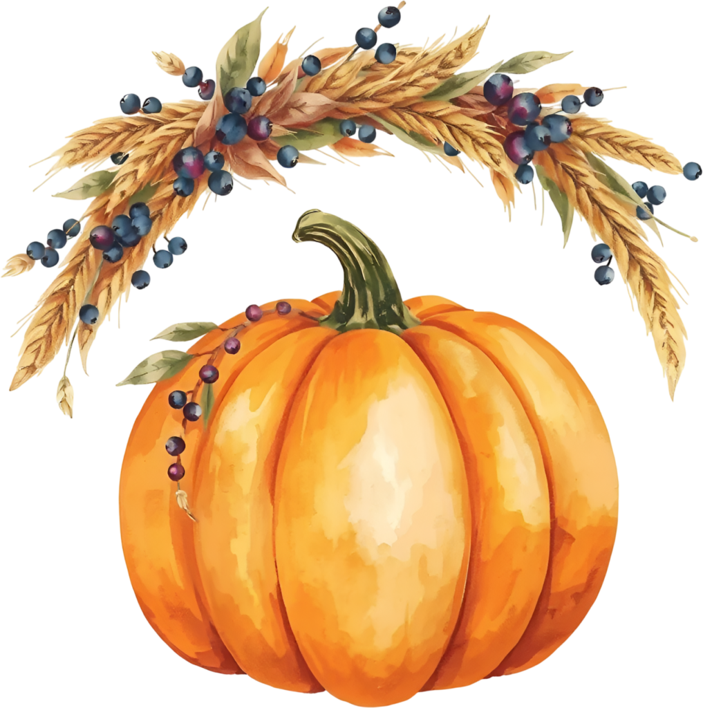- Adorn your designs with this charming pumpkin framed by a wheat and berry wreath, an Autumn PNG illustration. Free PNG Download