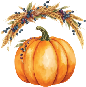 Adorn your designs with this charming pumpkin framed by a wheat and berry wreath, an Autumn PNG illustration.
