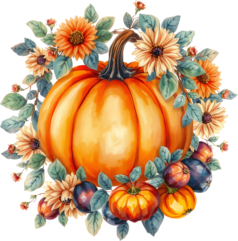 - Highlight a grand pumpkin surrounded by sunflowers and plums, a vibrant Autumn floral PNG illustration for designs. Free PNG Download