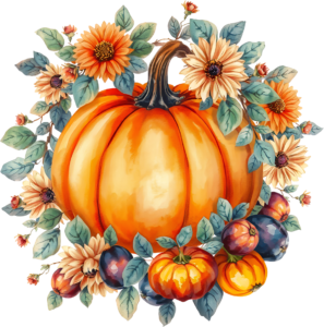 Highlight a grand pumpkin surrounded by sunflowers and plums, a vibrant Autumn floral PNG illustration for designs.