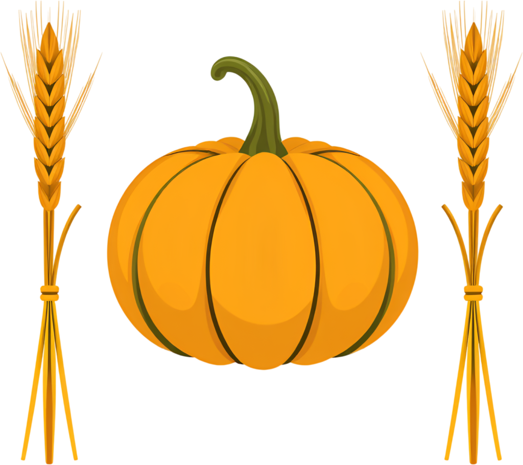 Elevate projects with a stylized orange pumpkin flanked by two wheat bundles, a simple Autumn PNG illustration. 1 - Elevate projects with a stylized orange pumpkin flanked by two wheat bundles, a simple Autumn PNG illustration. Free PNG Download