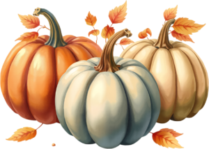 Showcase a trio of diverse pumpkins in fall colors with swirling autumn leaves, a beautiful PNG illustration.