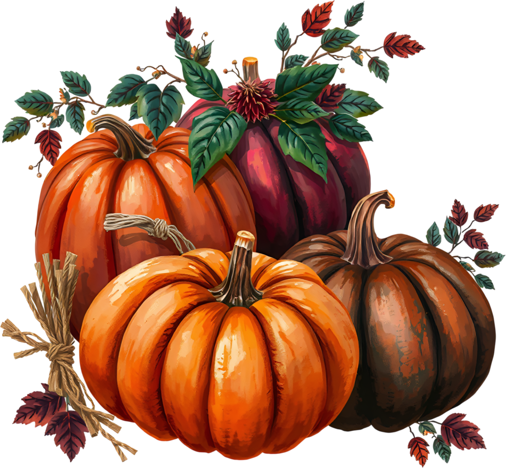 - Enhance your creations with a vibrant group of pumpkins and autumn foliage in rich tones, a detailed PNG illustration. Free PNG Download