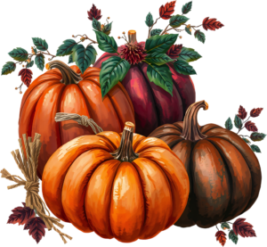 Enhance your creations with a vibrant group of pumpkins and autumn foliage in rich tones, a detailed PNG illustration.