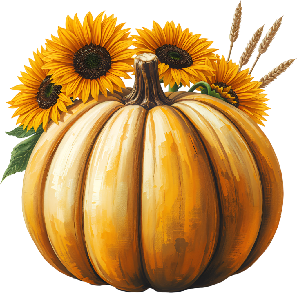 Incorporate a grand pumpkin adorned with sunflowers and wheat, a classic Autumn harvest PNG illustration for decor. 1 - Incorporate a grand pumpkin adorned with sunflowers and wheat, a classic Autumn harvest PNG illustration for decor. Free PNG Download