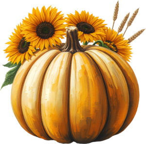 Incorporate a grand pumpkin adorned with sunflowers and wheat, a classic Autumn harvest PNG illustration for decor.