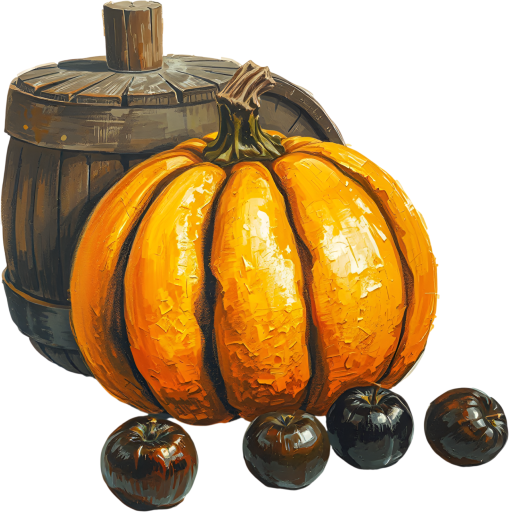 Unveil an authentic harvest scene featuring a pumpkin, wooden barrel, and dark apples, an Autumn PNG illustration. 1 - Unveil an authentic harvest scene featuring a pumpkin, wooden barrel, and dark apples, an Autumn PNG illustration. Free PNG Download