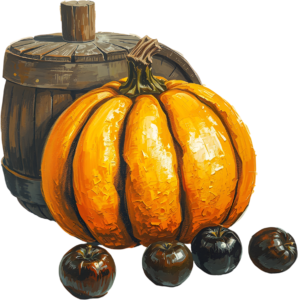 Unveil an authentic harvest scene featuring a pumpkin, wooden barrel, and dark apples, an Autumn PNG illustration.