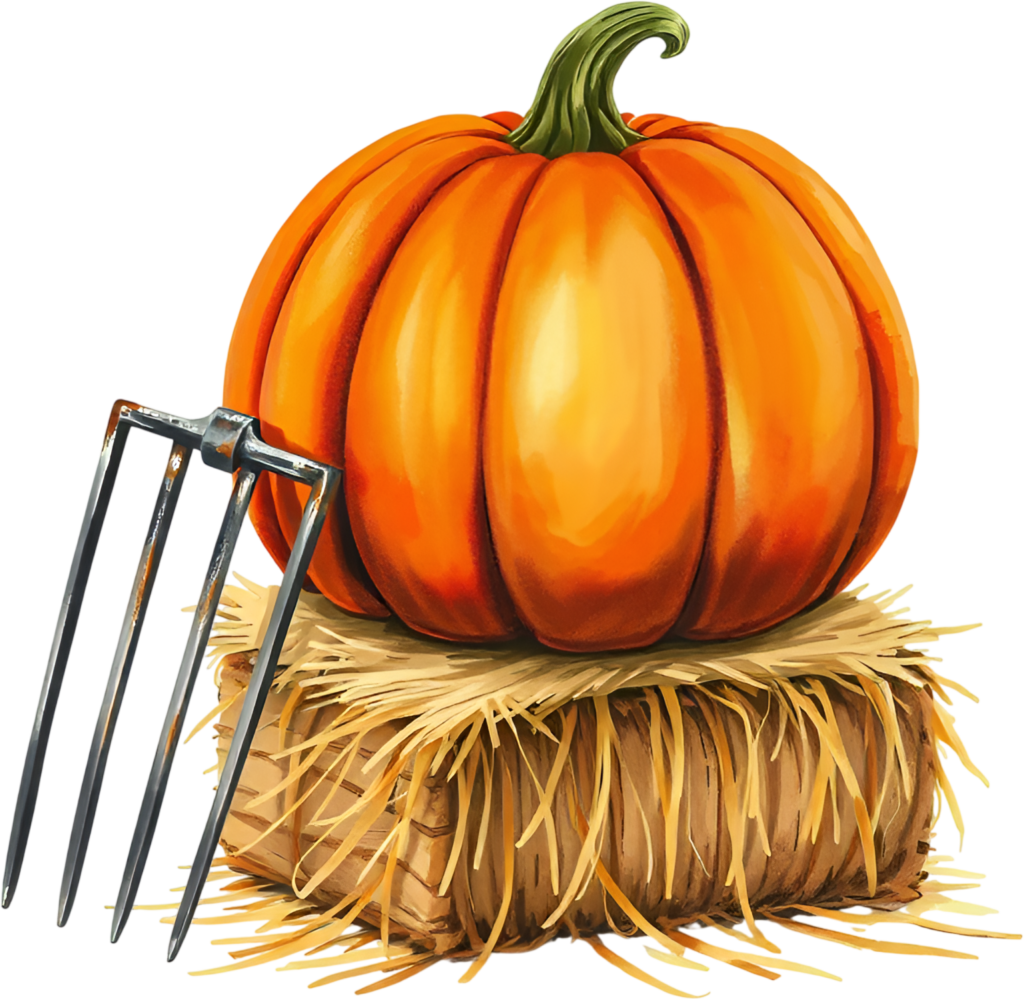 Design with a large pumpkin resting on a hay bale beside a pitchfork, a classic Autumn farm PNG illustration. 1 - Design with a large pumpkin resting on a hay bale beside a pitchfork, a classic Autumn farm PNG illustration. Free PNG Download