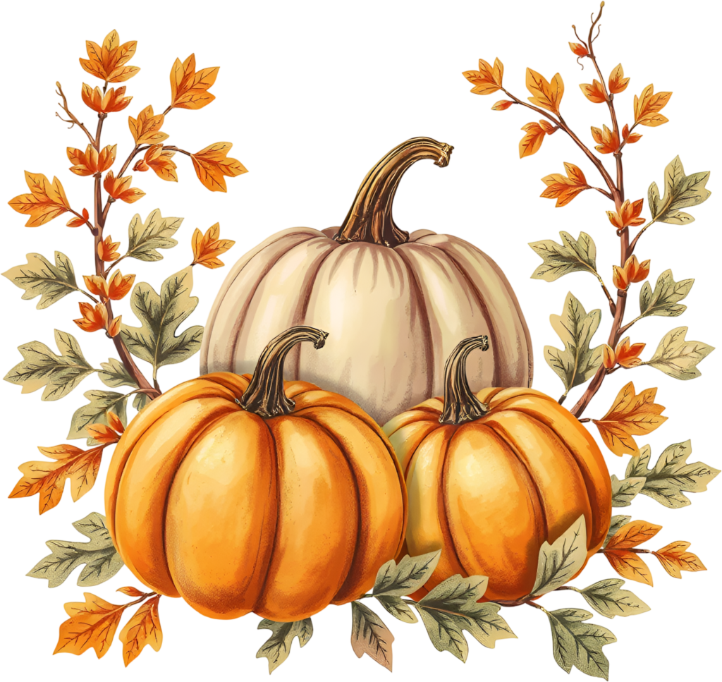 Highlight three pumpkins in varying shades, surrounded by leafy autumn branches, a beautiful PNG illustration. 1 - Highlight three pumpkins in varying shades, surrounded by leafy autumn branches, a beautiful PNG illustration. Free PNG Download