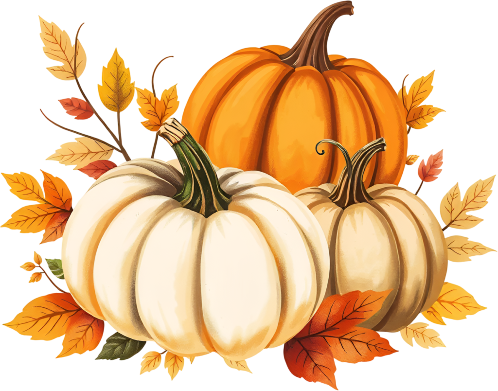 - Presenting a charming mix of white and orange pumpkins with vibrant fall leaves, an Autumn PNG illustration. Free PNG Download