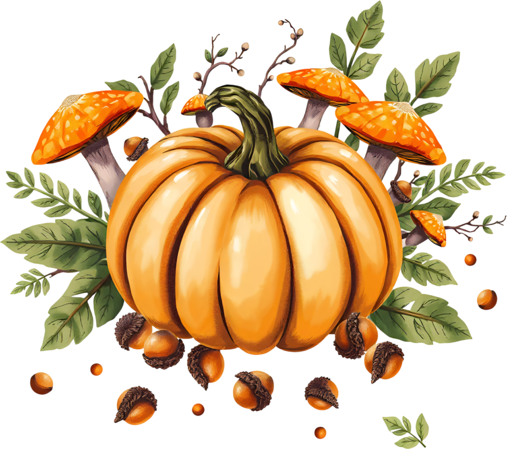 - Design enchanting forest scenes with a pumpkin, mushrooms, and acorns, a delightful Autumn PNG illustration. Free PNG Download