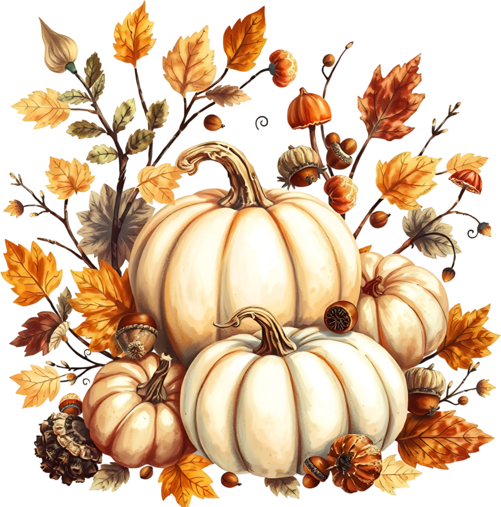Assemble a rustic autumn display of white pumpkins, leaves, and pinecones, a detailed harvest PNG illustration. 1 - Assemble a rustic autumn display of white pumpkins, leaves, and pinecones, a detailed harvest PNG illustration. Free PNG Download