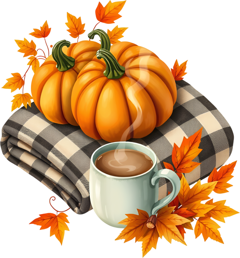 Enjoy a cozy autumn moment with pumpkins, a plaid blanket, and a warm mug, a comforting PNG illustration. 1 - Enjoy a cozy autumn moment with pumpkins, a plaid blanket, and a warm mug, a comforting PNG illustration. Free PNG Download