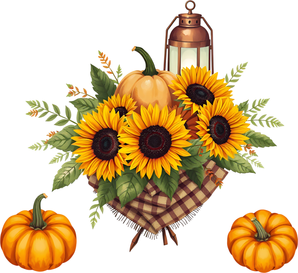 - Curate charming autumn compositions with a basket of sunflowers, a lantern, and pumpkins, a festive PNG illustration. Free PNG Download