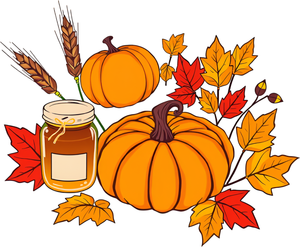 Depict a sweet autumn spread with pumpkins, maple leaves, wheat, and a jar of honey, a rustic PNG illustration. 1 - Depict a sweet autumn spread with pumpkins, maple leaves, wheat, and a jar of honey, a rustic PNG illustration. Free PNG Download