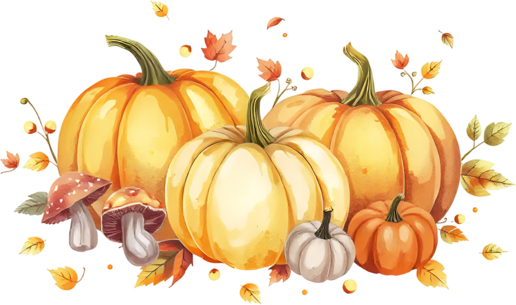 Explore a whimsical autumn collection featuring diverse pumpkins, mushrooms, and scattered leaves, a cheerful PNG illustration. 1 - Explore a whimsical autumn collection featuring diverse pumpkins, mushrooms, and scattered leaves, a cheerful PNG illustration. Free PNG Download