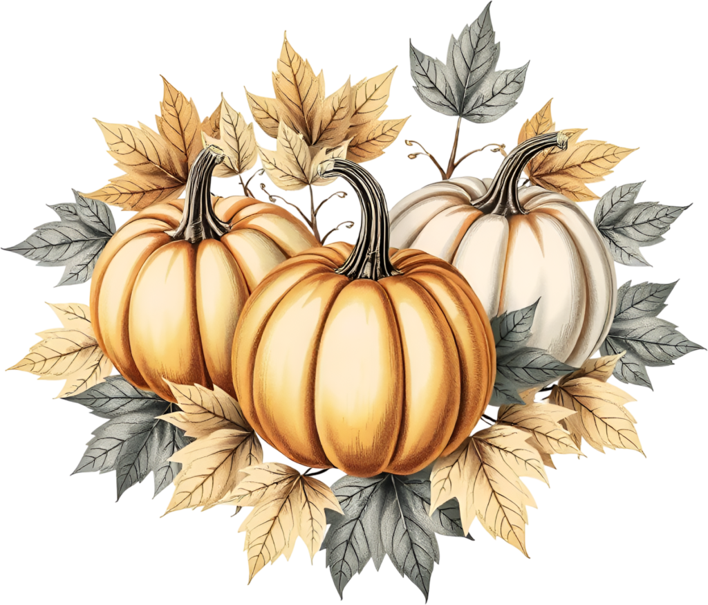 Highlight three elegant pumpkins in warm tones, accented by muted autumn leaves, a sophisticated PNG illustration. 1 - Highlight three elegant pumpkins in warm tones, accented by muted autumn leaves, a sophisticated PNG illustration. Free PNG Download