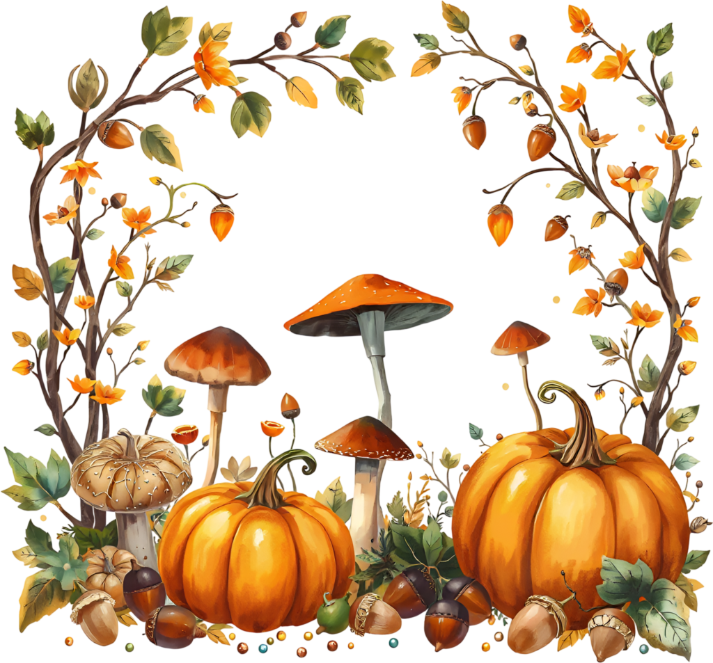 - Imagine a magical autumn forest scene with pumpkins, mushrooms, and acorns, an enchanting PNG illustration. Free PNG Download
