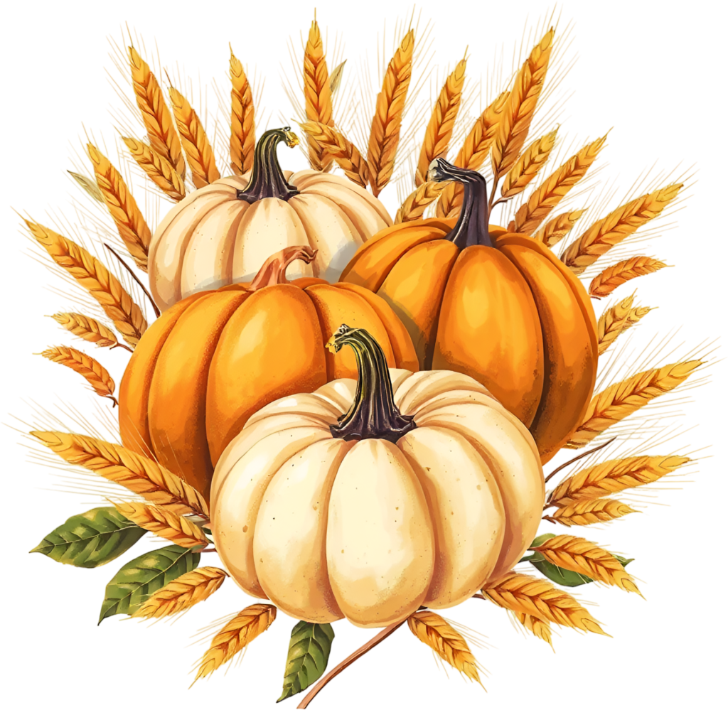 Present an abundant harvest spread with pumpkins and golden wheat ears, a vibrant Autumn PNG illustration. 1 - Present an abundant harvest spread with pumpkins and golden wheat ears, a vibrant Autumn PNG illustration. Free PNG Download