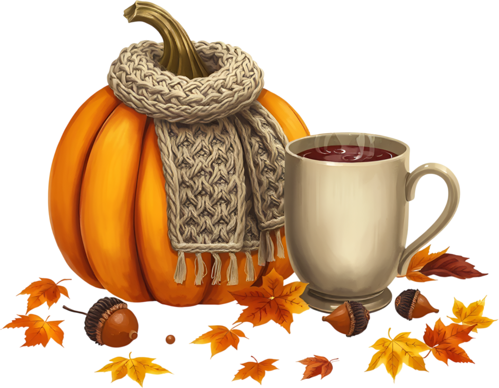 Embrace the cozy season with a pumpkin wearing a scarf and a warm drink, a delightful Autumn PNG illustration. 1 - Embrace the cozy season with a pumpkin wearing a scarf and a warm drink, a delightful Autumn PNG illustration. Free PNG Download