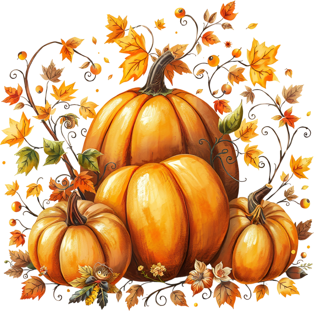 Showcase a grand pumpkin surrounded by smaller gourds and swirling autumn vines, a rich harvest PNG illustration. 1 - Showcase a grand pumpkin surrounded by smaller gourds and swirling autumn vines, a rich harvest PNG illustration. Free PNG Download