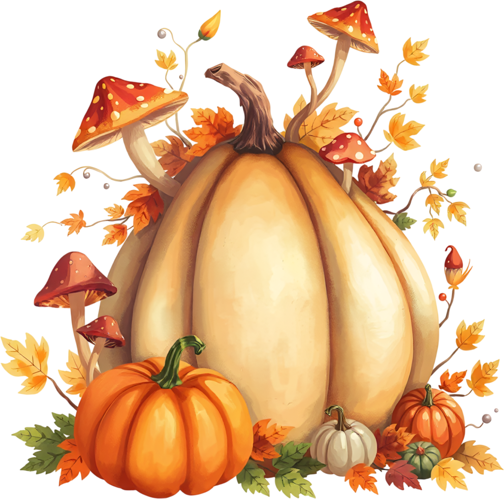 - Design captivating fall scenes with a large white pumpkin, small orange gourds, mushrooms, and autumn leaves, a charming PNG illustration. Free PNG Download