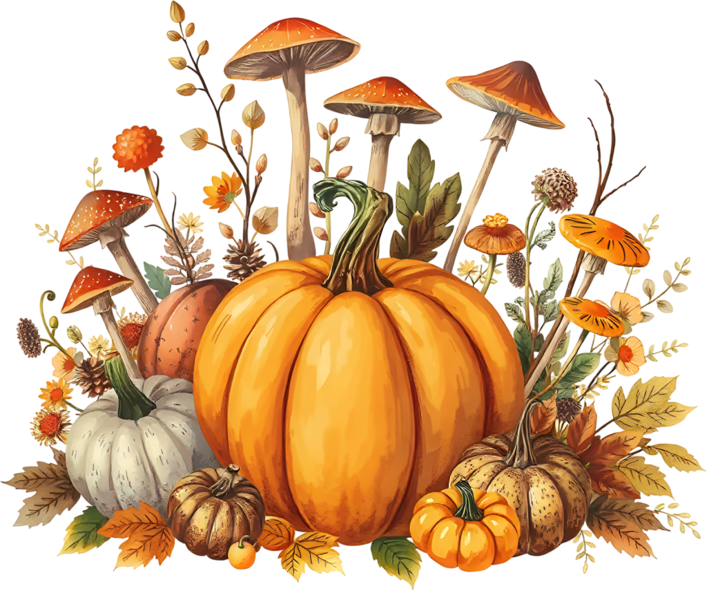 Celebrate the harvest season with a beautiful pumpkin and mushroom Fall arrangement PNG Illustration 1 - Celebrate the harvest season with a beautiful pumpkin and mushroom Fall arrangement PNG Illustration Free PNG Download