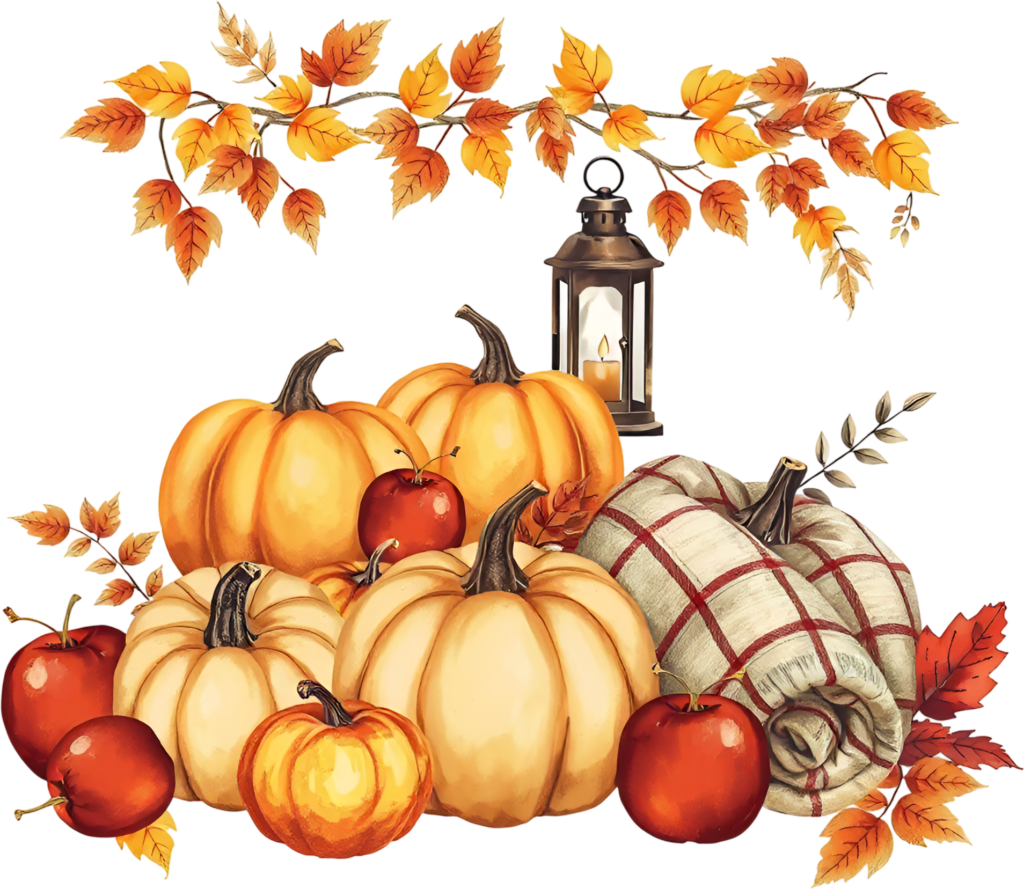 A picturesque autumn scene featuring pumpkins, apples, a warm lantern Fall PNG Illustration 1 - A picturesque autumn scene featuring pumpkins, apples, a warm lantern Fall PNG Illustration Free PNG Download