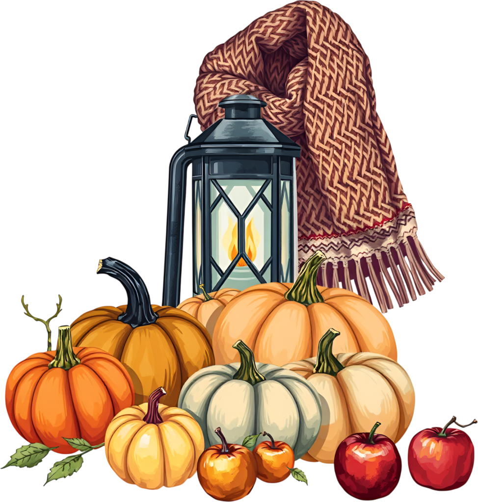 Create stunning designs with this charming fall display featuring a lantern, cozy scarf, pumpkins Fall PNG Illustration 1 - Create stunning designs with this charming fall display featuring a lantern, cozy scarf, pumpkins Fall PNG Illustration Free PNG Download