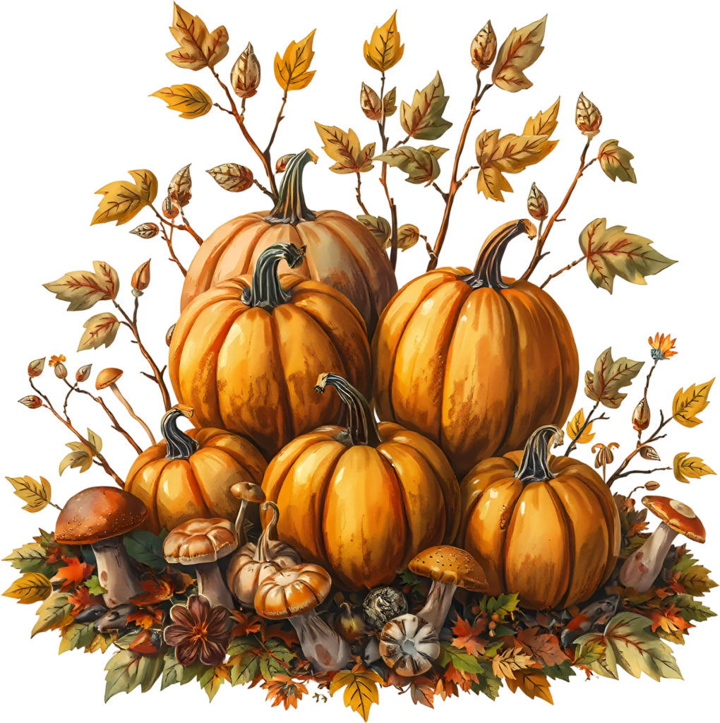 Discover a beautiful autumn harvest composition of pumpkins, mushrooms, and Fall leaves PNG Illustration 1 - Discover a beautiful autumn harvest composition of pumpkins, mushrooms, and Fall leaves PNG Illustration Free PNG Download