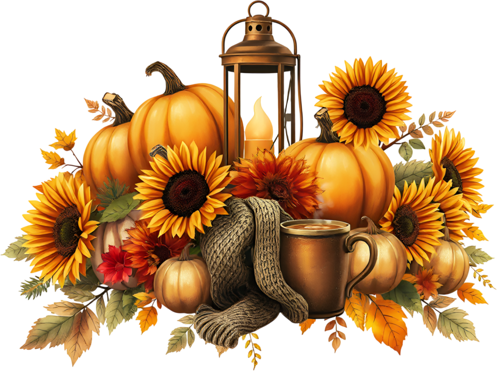 Adorn your projects with this vibrant fall sunflower arrangement featuring pumpkins, a lantern Fall PNG Illustration 1 - Adorn your projects with this vibrant fall sunflower arrangement featuring pumpkins, a lantern Fall PNG Illustration Free PNG Download