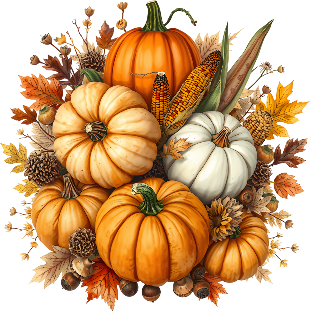 - Elevate your seasonal designs with this abundant harvest composition of pumpkins, corn, and Fall leaves PNG Illustration Free PNG Download