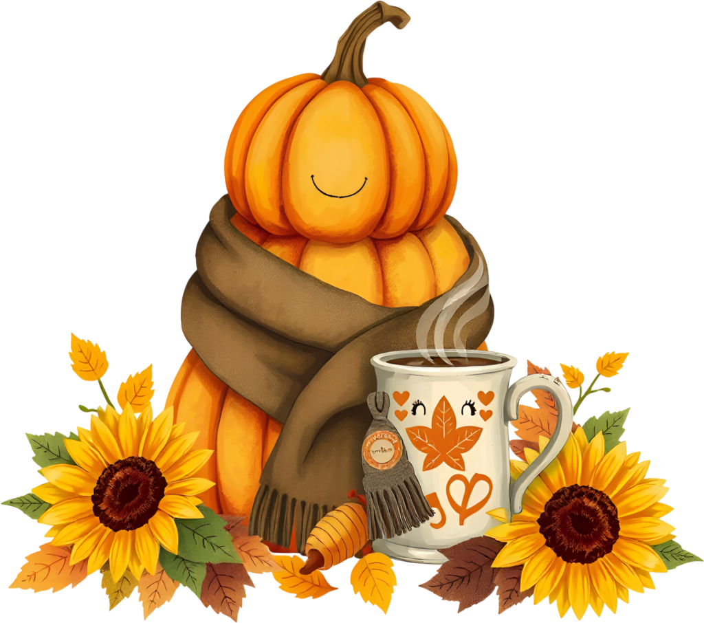 Design heartwarming autumn greetings with a charming pumpkin wrapped in a scarf, sunflowers Fall PNG Illustration 1 - Design heartwarming autumn greetings with a charming pumpkin wrapped in a scarf, sunflowers Fall PNG Illustration Free PNG Download