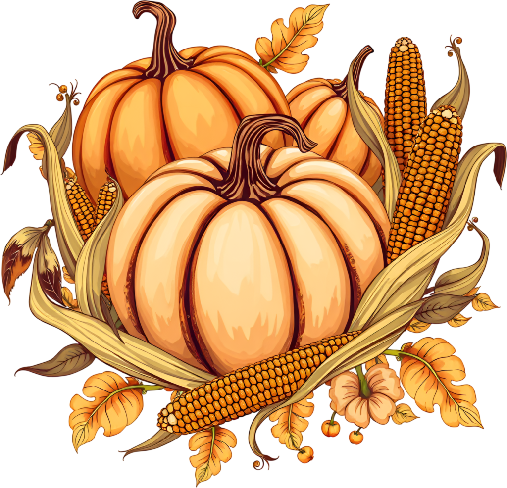 - Illustrate abundant harvest celebrations with pumpkins, corn cobs, and warm Fall leaves PNG Illustration Free PNG Download