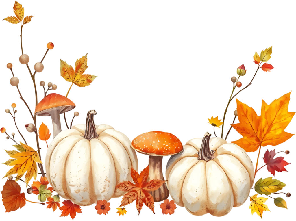 Craft elegant autumn borders with white pumpkins, mushrooms, and colorful Fall leaves PNG Illustration 1 - Craft elegant autumn borders with white pumpkins, mushrooms, and colorful Fall leaves PNG Illustration Free PNG Download